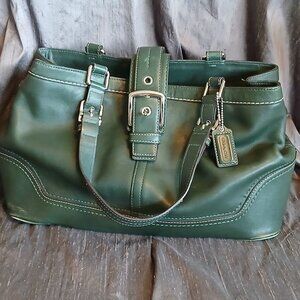 COACH Large Leather Tote Bag, Double Straps Dark Green, Excellent Condition